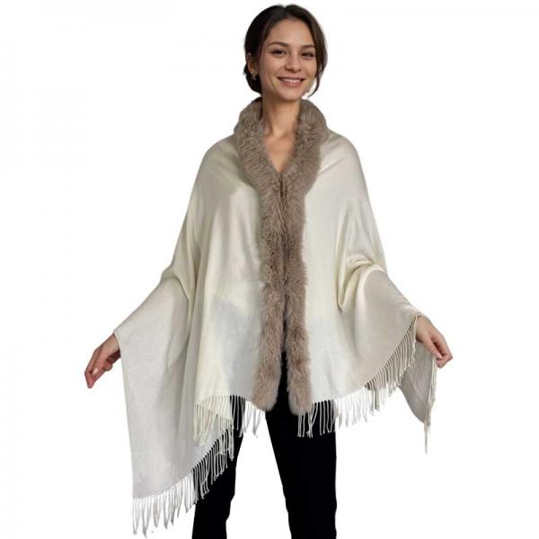 wholesale LC1R - Faux Rabbit Trim Shawls LC1R Ivory with Latte Fur - 