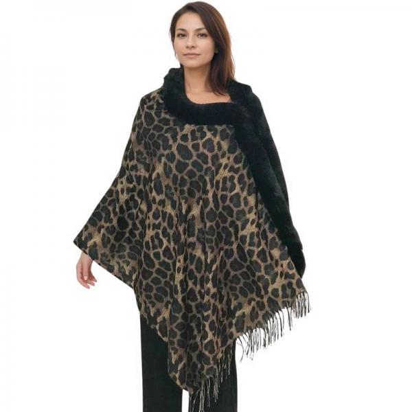 wholesale LC1R - Faux Rabbit Trim Shawls LC1R Leopard with Black Fur - 