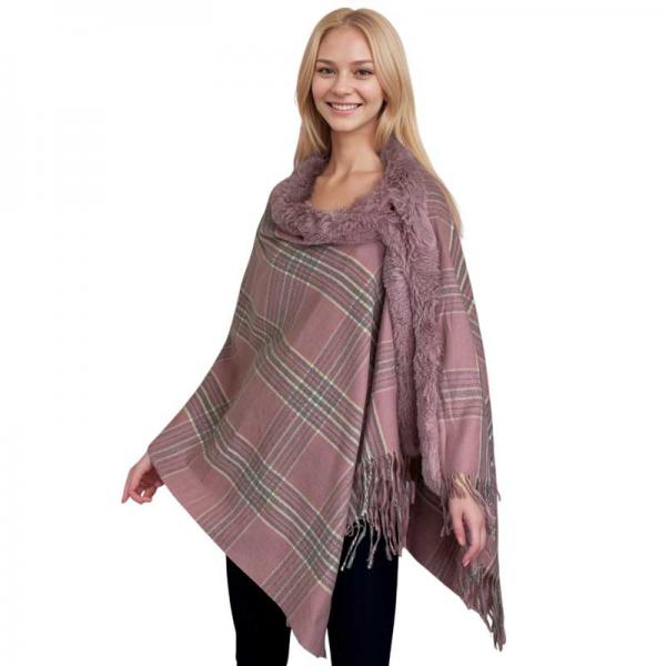 wholesale LC1R - Faux Rabbit Trim Shawls LC1R Plaid with Dusty Pink Fur #26 - 