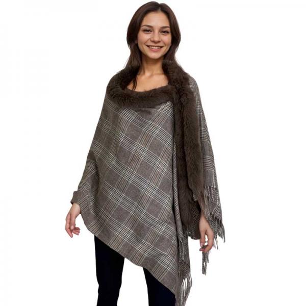 wholesale LC1R - Faux Rabbit Trim Shawls LC1R Plaid with Brown Mocha Fur #24 - 