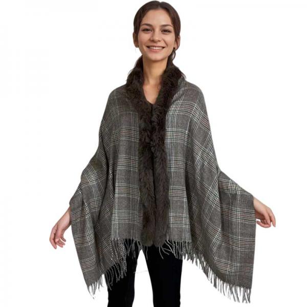 wholesale LC1R - Faux Rabbit Trim Shawls LC1R Plaid with Charcoal Fur #21 - 