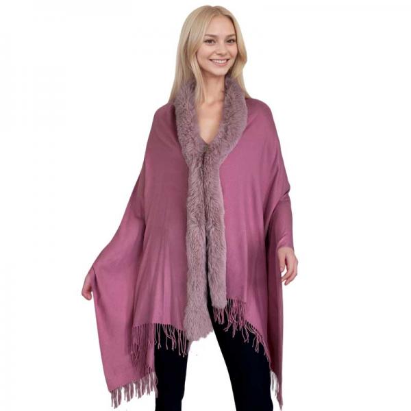 wholesale LC1R - Faux Rabbit Trim Shawls LC1R Mauve with Dusty Pink Fur - 