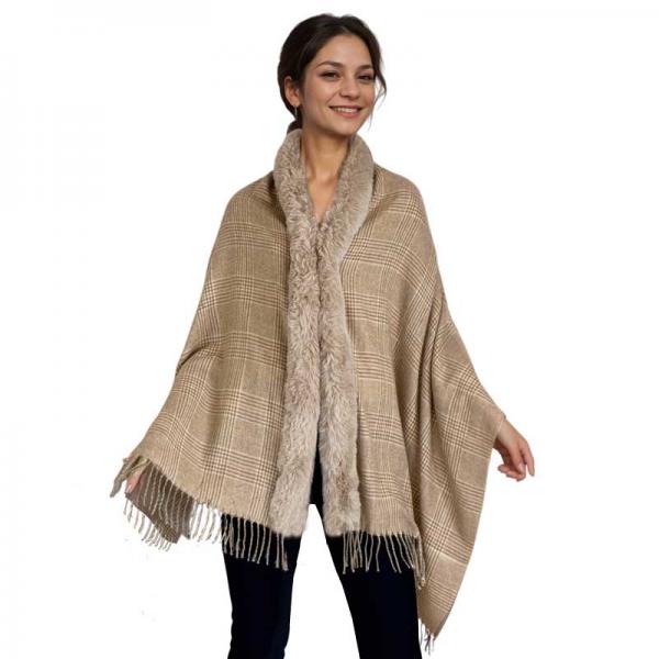 wholesale LC1R - Faux Rabbit Trim Shawls LC1R Plaid with Latte Fur #29 - 