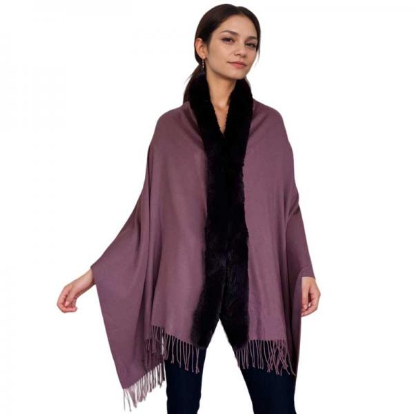 wholesale LC1R - Faux Rabbit Trim Shawls LC1R DUSTY PURPLE with Plum Fur - 