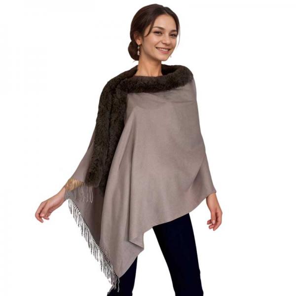 wholesale LC1R - Faux Rabbit Trim Shawls LC1R Tan with Brown Fur - 