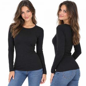 2053 - Round Neck Long Sleeve Tops Black  - Large