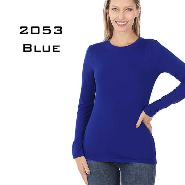 wholesale 2053 - Round Neck Long Sleeve Tops Blue Brushed Fiber - Round Neck Long Sleeve 2053 - Large