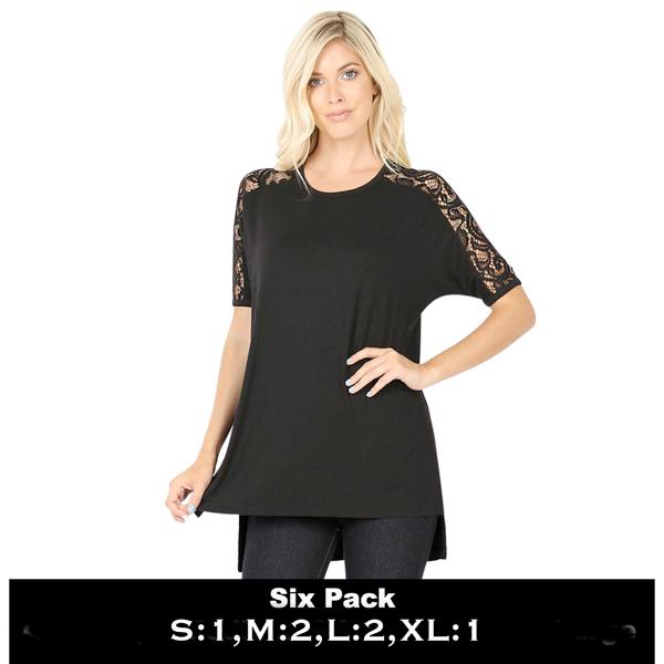 wholesale 5572 - Lace Sleeve Side Split Hi-Low Tops 5572 - Black Six Pack  - S:1,M:2,L:2,XL:1