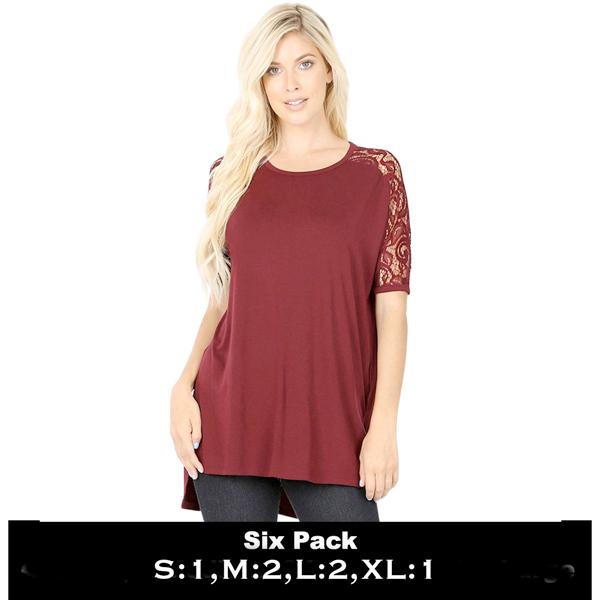 wholesale 5572 - Lace Sleeve Side Split Hi-Low Tops 5572 - Dark Burgundy - Six Pack - S:1,M:2,L:2,XL:1