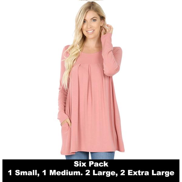 wholesale Tops - Long Sleeve Round Neck Pleated 1658  DUSTY ROSE (SIX PACK) Long Sleeve Round Neck Pleated 1658 (1S/1M/2L/2XL) - 1 Small 1 Medium 2 Large 2 Extra Large