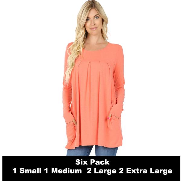 wholesale 1658 - Long Sleeve Round Neck Pleated Tops 1658 - Deep Coral - Six Pack= - S:1,M:1,L:2,XL:2