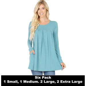 Wholesale 1658 - Long Sleeve Round Neck Pleated Tops 1658 -  Dusty Teal - Six Pack  - S:1,M:1,L:2,XL:2