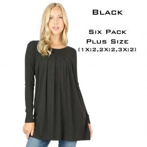 Wholesale 1658 - Long Sleeve Round Neck Pleated Tops 1658 - Plus Size Black - Six Pack  - 2 1X, 2 2X, 2 3X