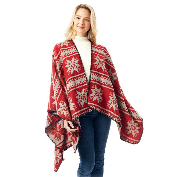 wholesale 1225 - Christmas Ideas  1302 - Red <br>
Snowflake Pattern Ruana - One Size Fits Most