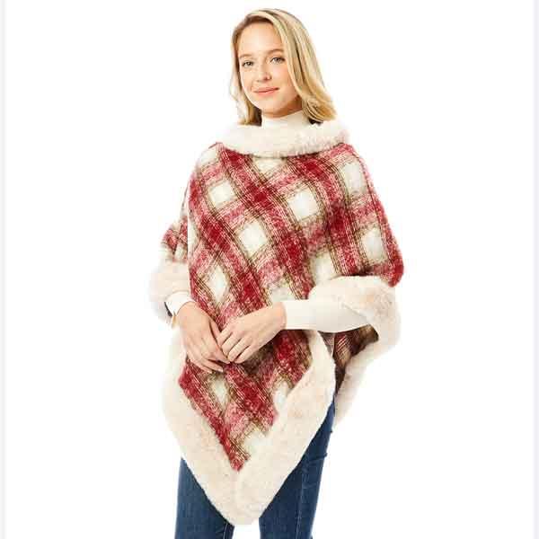 wholesale 1225 - Christmas Ideas  1306 - Plaid<br>
Red Plaid Fur Trimmed Poncho - One Size Fits Most