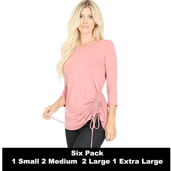 Wholesale 1887 - 3/4 Sleeve Ruched Tops  DUSTY ROSE SIX PACK 3/4 Sleeve Round Neck Side Ruched 1887 (1S/2M/2L/1XL) - 1 Small, 2 Medium, 2 Large, 1 Extra Large