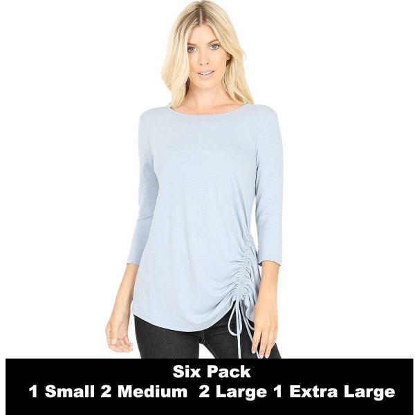 Wholesale 1887 - 3/4 Sleeve Ruched Tops  ASH BLUE SIX PACK 3/4 Sleeve Round Neck Side Ruched 1887 (1S/2M/2L/1XL) - 1 Small, 2 Medium, 2 Large, 1 Extra Large