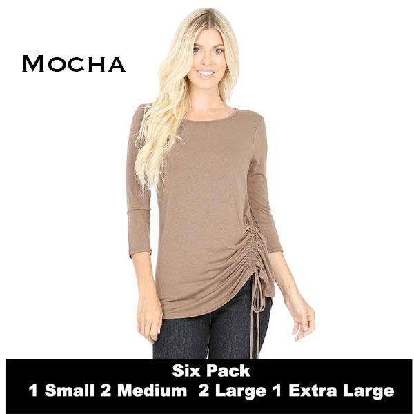 wholesale 1887 - 3/4 Sleeve Ruched Tops  Mocha (SIX PACK) 3/4 Sleeve Round Neck Side Ruched 1887 (1S,2M,2L,1XL) - 1 Small, 2 Medium, 2 Large, 1 Extra Large