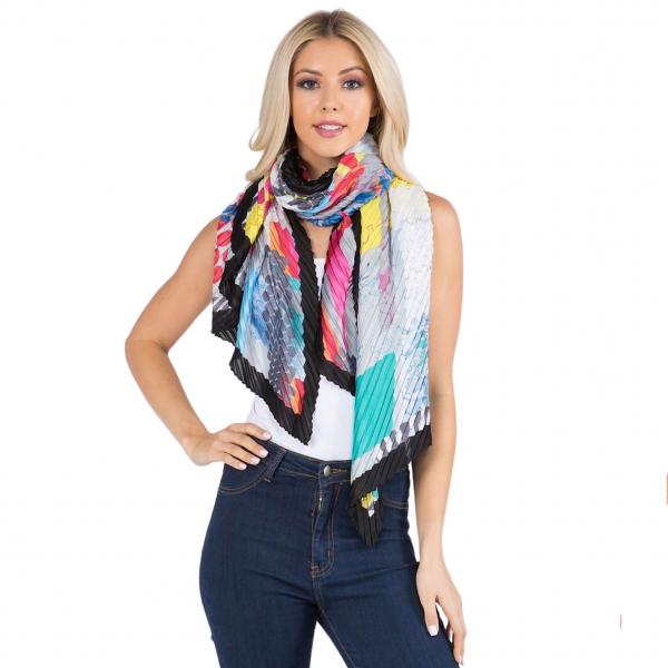 Wholesale 1C60 - Pleated Bright Abstract Scarves ABSTRACT w/ BLACK BORDER Pleated Scarf 1C60 - 
