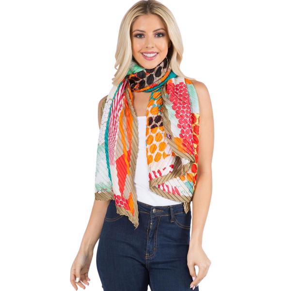 Wholesale 1C60 - Pleated Bright Abstract Scarves ABSTRACT w/ CHAMPAGNE BORDER Pleated Scarf 1C60 - 