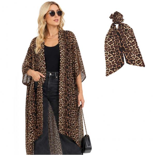 Wholesale 9954 - Leopard Print Kimono  SET- 9954 BR Kimono - Leopard Print 9954 with Matching Hair Scarf - 