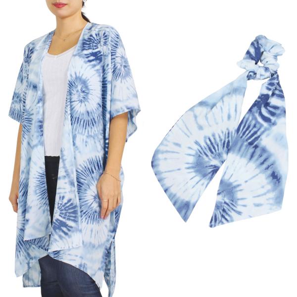 Wholesale Kimono - Tie Dye 9923  SET 9923 BL Kimono - Tie Dye 9923 with Matching Hair Tie - 