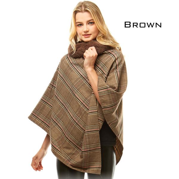 wholesale 1010 - Plaid Poncho with Fur Collar BROWN Plaid Poncho with Fur Collar - One Size Fits All