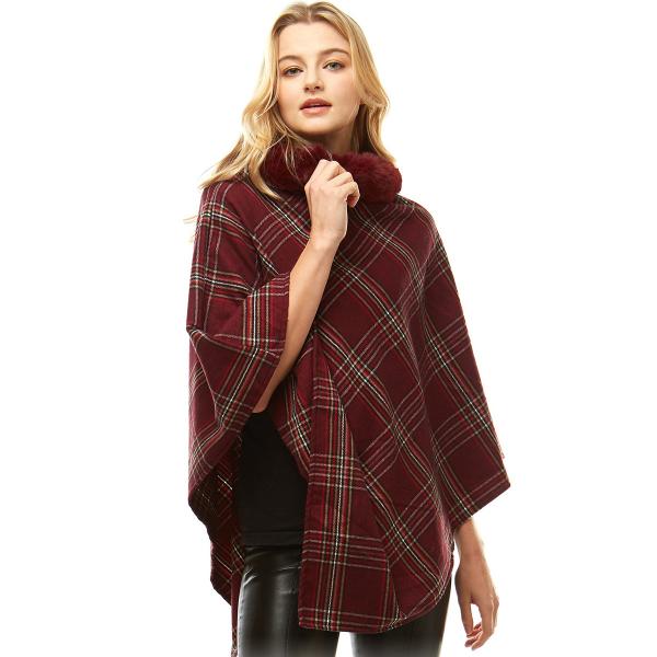 wholesale 1010 - Plaid Poncho with Fur Collar BURGUNDY Plaid Poncho with Fur Collar 1010 - One Size Fits All