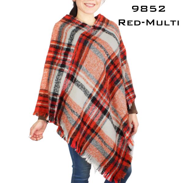 Wholesale 3527 - Assorted Autumn/Winter Ponchos  9852 Red Multi Plaid Autumn Poncho - One Size Fits Most