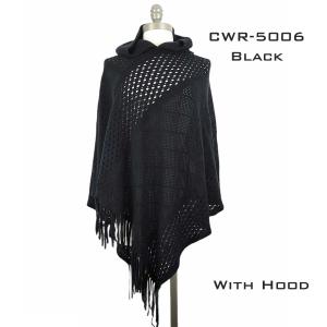 3527 - Assorted Autumn/Winter Ponchos  CWR5006 BLACK Hooded Poncho with Fringe - One Size Fits Most