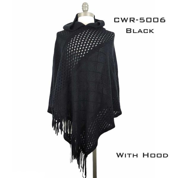 Wholesale 3527 - Assorted Autumn/Winter Ponchos  CWR5006 BLACK Hooded Poncho with Fringe - One Size Fits Most