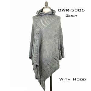 3527 - Assorted Autumn/Winter Ponchos  CWR5006 GREY Hooded Poncho with Fringe - One Size Fits Most