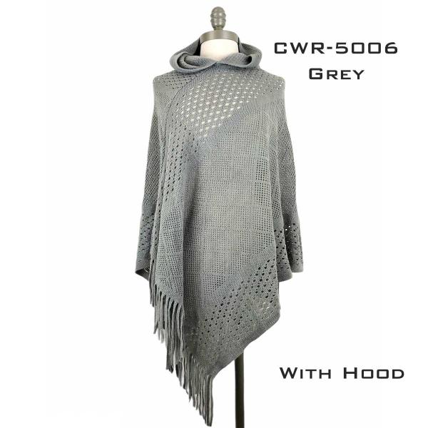 Wholesale 3527 - Assorted Autumn/Winter Ponchos  CWR5006 GREY Hooded Poncho with Fringe - One Size Fits Most