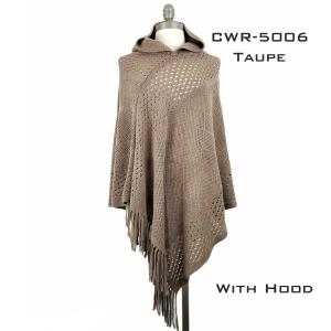 3527 - Assorted Autumn/Winter Ponchos  CWR5006 TAUPE Hooded Poncho with Fringe - One Size Fits Most