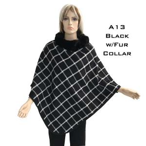 3527 - Assorted Autumn/Winter Ponchos  PJA13 - Black <br>Windowpane Plaid
Poncho with Fur Collar - One Size Fits Most
