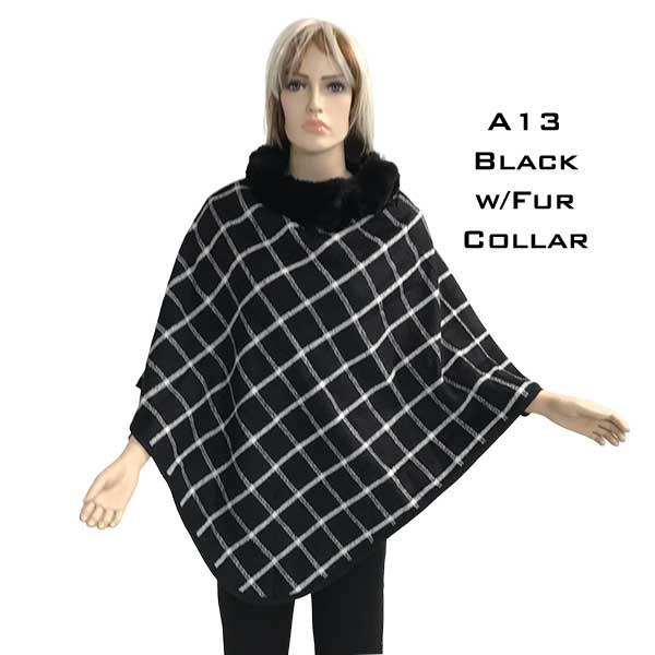 wholesale 3527 - Assorted Autumn/Winter Ponchos  PJA13 - Black <br>Windowpane Plaid
Poncho with Fur Collar - One Size Fits Most