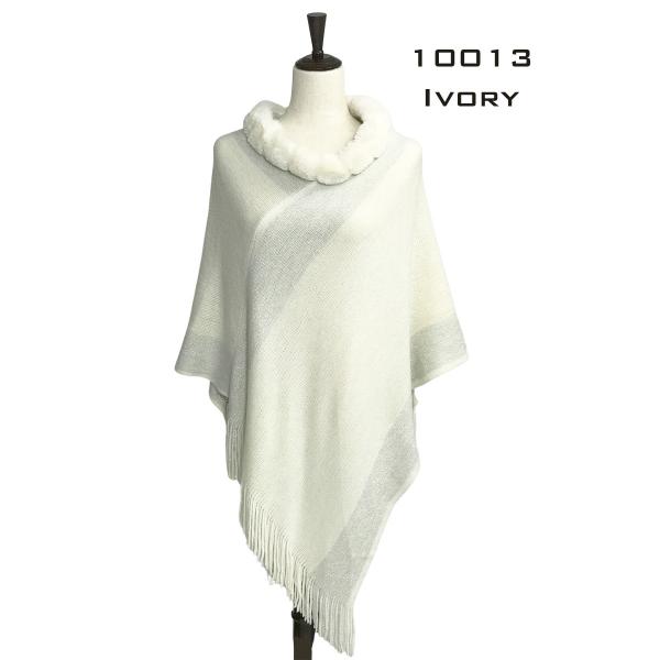 wholesale 3527 - Assorted Autumn/Winter Ponchos  10013 - Ivory<br>Cashmere Feel Poncho w/Fur and Sparkle - One Size Fits Most