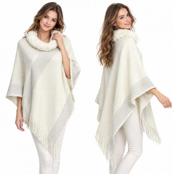 wholesale 3527 - Assorted Autumn/Winter Ponchos  10013 - Ivory<br>Cashmere Feel Poncho w/Fur and Sparkle (MB) - One Size Fits Most