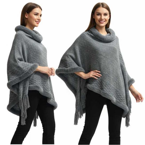 wholesale 3527 - Assorted Autumn/Winter Ponchos  9468 - Fur Trimmed Grey (MB) - One Size Fits Most