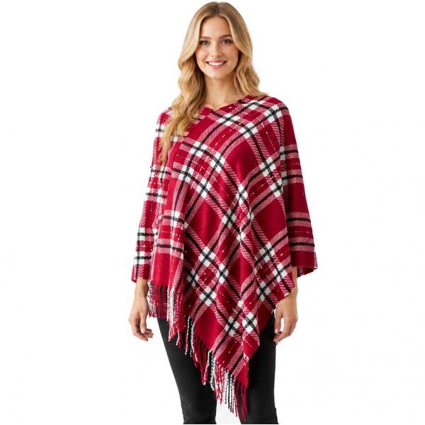 wholesale 5001 - Block Plaid Poncho Red Multi - One Size Fits All