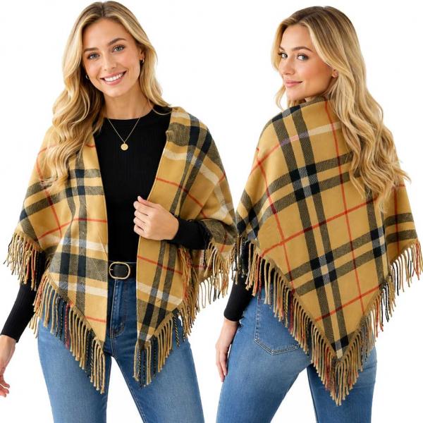 wholesale 4010 - Half Round Plaid Triangle Shawl  4010 - Beige Plaid - One Size Fits All
