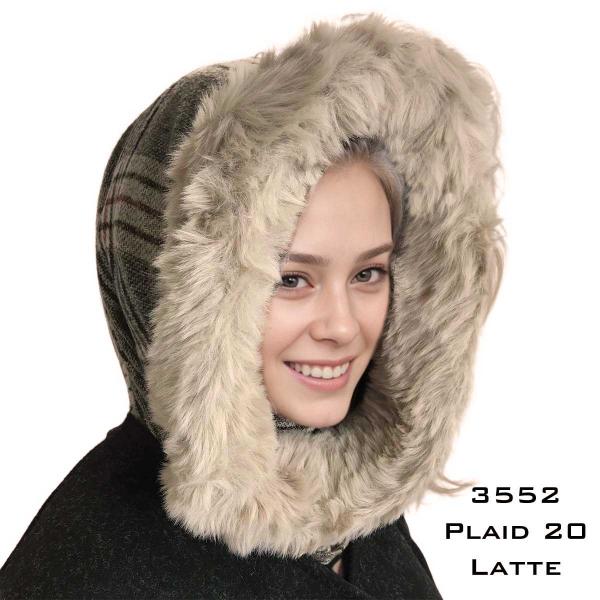 wholesale 3552 - Fur Trimmed Infinity Hood  Plaid #20 <br> Latte Fur Trimmed Infinity Hood - 