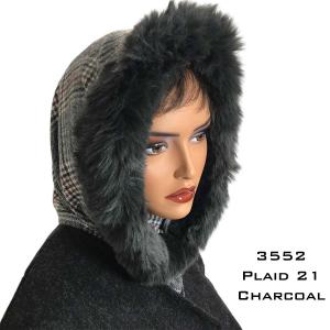 3552 - Fur Trimmed Infinity Hood  Plaid #21<br>  Charcoal Fur Trimmed Infinity Hood - 