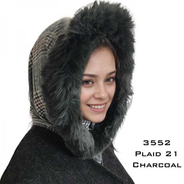 wholesale 3552 - Fur Trimmed Infinity Hood  Plaid #21<br>  Charcoal Fur Trimmed Infinity Hood - 