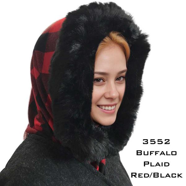wholesale 3552 - Fur Trimmed Infinity Hood  Buffalo Plaid Red/Black<br> 
Black Fur Trimmed Infinity - 