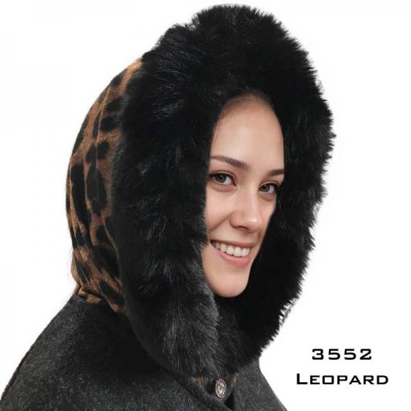 wholesale 3552 - Fur Trimmed Infinity Hood  Leopard Print<br> Black Fur Trimmed Infinity Hood - 