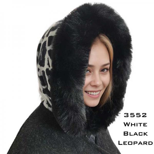 wholesale 3552 - Fur Trimmed Infinity Hood  Leaopard White/Black<br> Black Fur Trimmed Infinity Hood - 