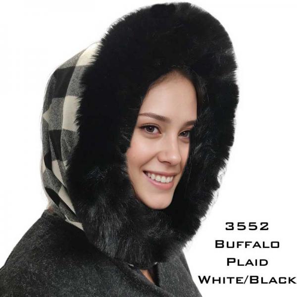 wholesale 3552 - Fur Trimmed Infinity Hood  Buffalo Plaid White/Black<br> Black Fur Trimmed Infinity Hood - 