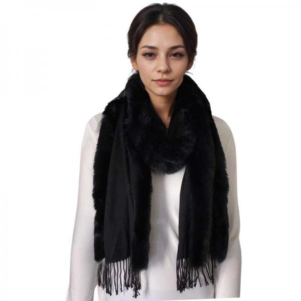wholesale 3554 - Fur Trimmed  Scarves 3554 - Black<br> 
Black Fur Trimmed Scarf  - 72