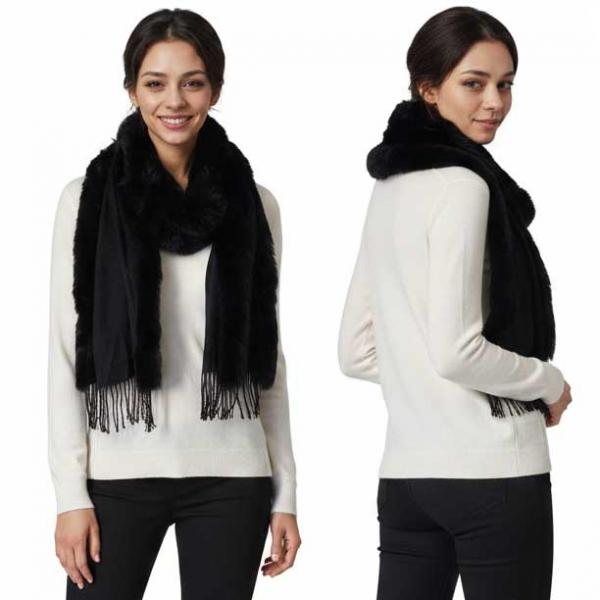 wholesale 3554 - Fur Trimmed  Scarves 3554 - Black<br> 
Black Fur Trimmed Scarf  - 72